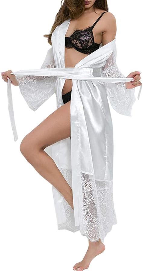 Vertvie Damen Kimono Spitzen Robe Langarm Morgenmantel Bademantel