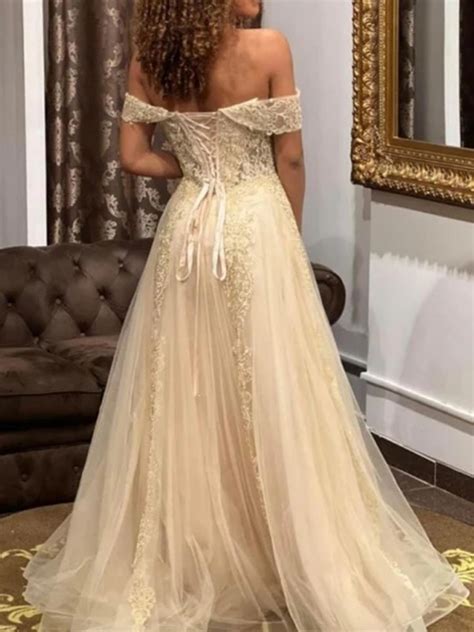 A Line Princess Tulle Applique Off The Shoulder Sleeveless Floor Length