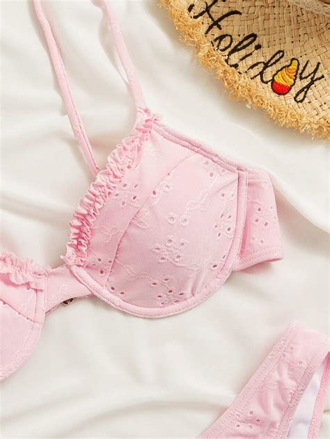 Shein Swim Summer Beach Frill Trim Eyelet Embroidery Push Up Bikini Shein Usa