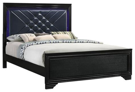 Pemberly Row Faux Leather Queen Bed In Black And Midnight Star