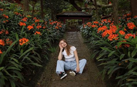 Wallpaper Long Hair Flowers Model Garden Jeans Brunette Gorgeous Photoshoot For Mobile