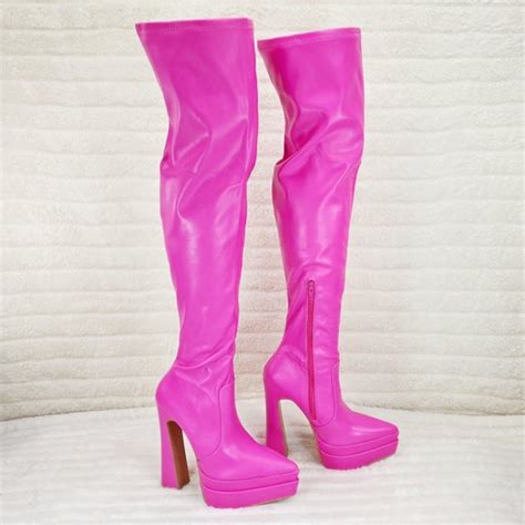 Mixx Shuz Shoes Delicious Hot Pink Fuchsia Pointy Toe Platform High Heel Stretch Thigh Boots