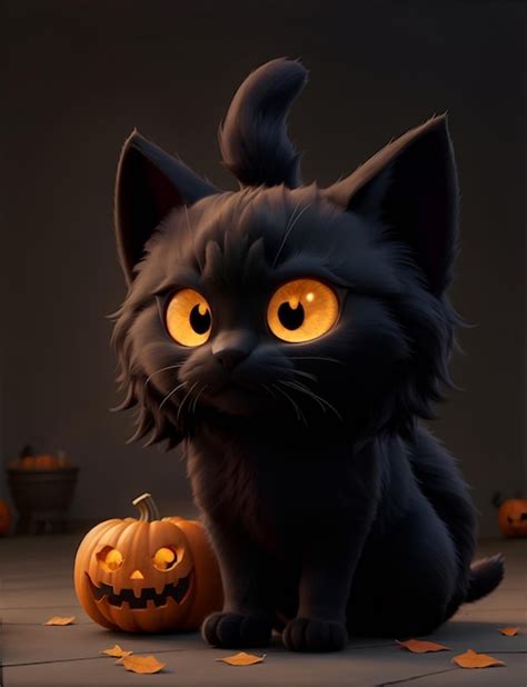 Premium AI Image Creepy Black Cat And Halloween Pumpkin In A Dark Place