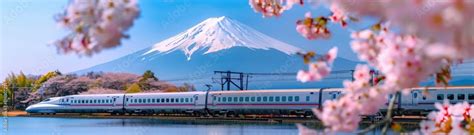 image shows  high speed train passing mount fuji  japan