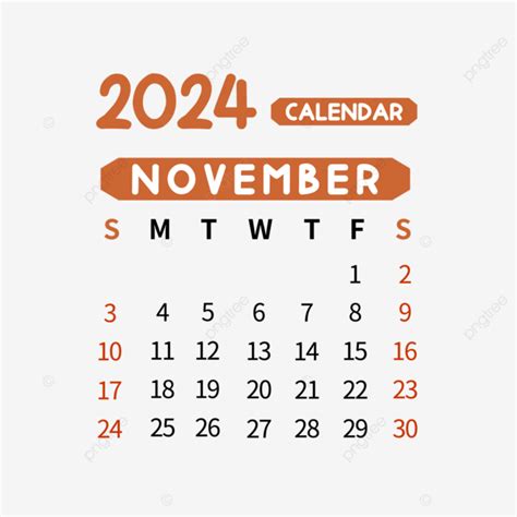 Noviembre 2024 Calendario Simple Marrón PNG dibujos Noviembre