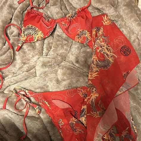 Red Dragon Print Bikini Sarong Bottoms Optional Depop