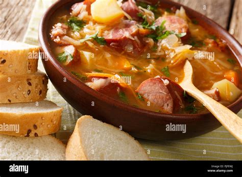 Czech Recipe Sauerkraut Soup Zelnacka Close Up In A Bowl On The