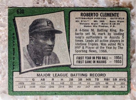 1971 TOPPS 630 ROBERTO CLEMENTE HOF PITTSBURGH PIRATES OUTFIELDER EBay