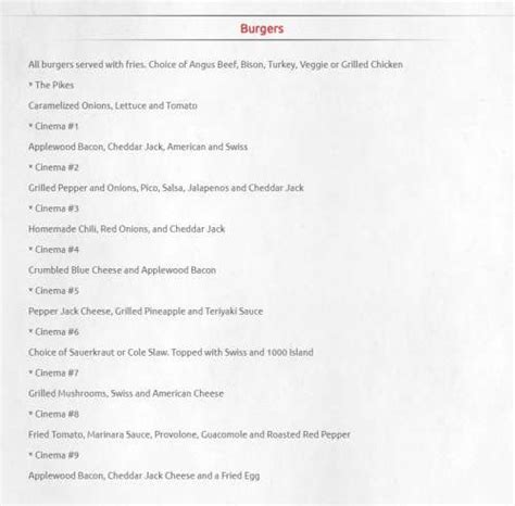 Pikes Cinema Bar And Grill Menu In Pikesville Maryland Usa