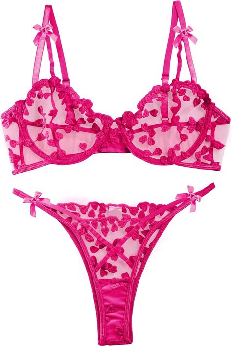 Sexy Underwire Cute Push Up Strappy Embroidered Mesh Sheer Lingerie Set See Through Panty Bra