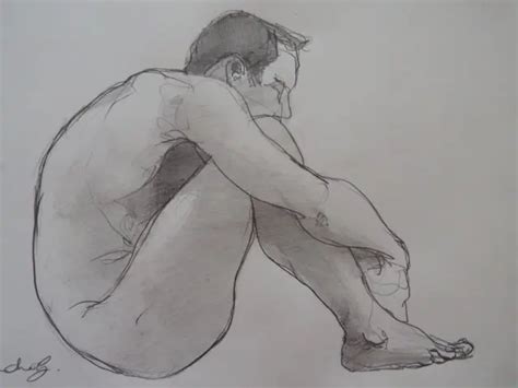 Original Pencil Drawing Of A Crouching Man Male Nude Sketch Of A Man