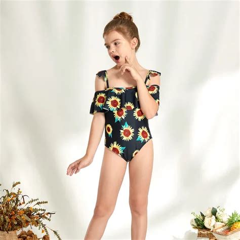 Girls Sunflower Print With Ruffle Design One Piece Swimwear Swimsuit Bikini Beach Wear And