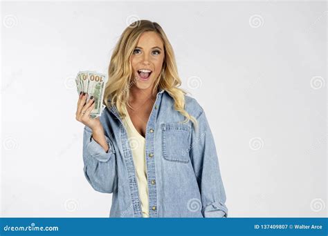 Beautiful Blonde Model Posing With A Handful Of Cash Stock Image Image Of Cash Dollar 137409807