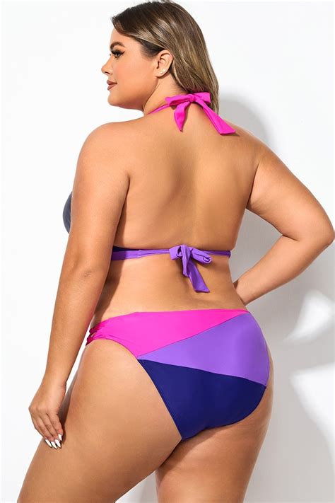 Plus Size Halter Colorblock Sexy Bikini Top Meet Curve