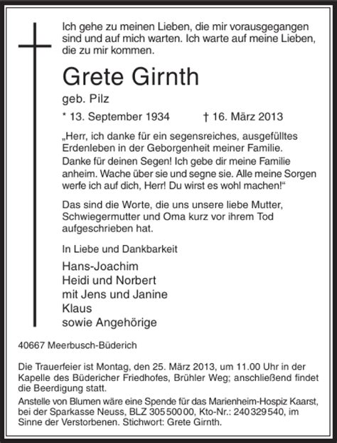 Alle Traueranzeigen F R Grete Girnth Trauer Rp Online De