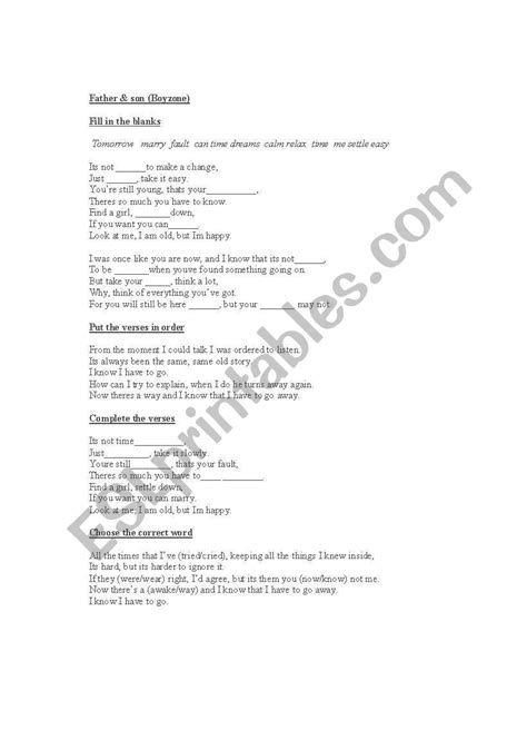 Father And Son Song Esl Worksheet By Loli83