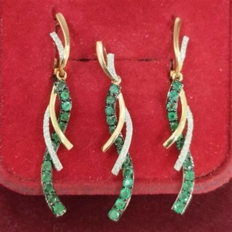 Винтаж: Золотые серьги и подвеска 585 пробы с бриллиантами и изумрудами ...