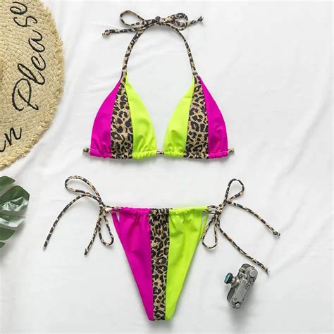 2020 Peachachtan Halter Leopard Leopard Bikini Set Sexy Micro Beaded