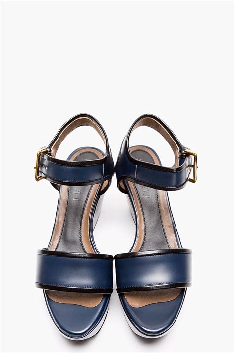 Lyst Marni Navy Leather Wedge Sandals In Blue
