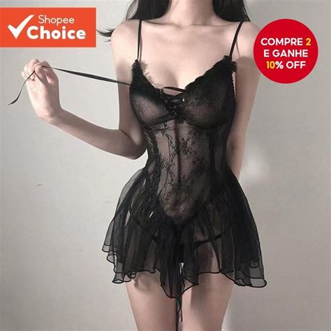 Conjunto De Lingerie De Malha Transparente Saia E Calcinha De Pijama Sexy Preto Branco