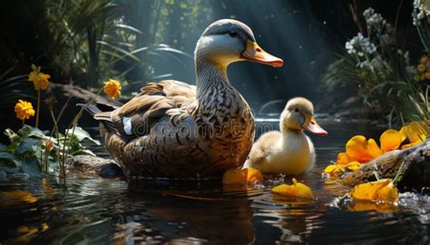 A Cute Duckling Quacks In The Pond Surrounded By Nature Generated By