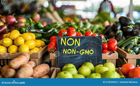 Market Stand With A Non Gmo Sign In The Foreground With Fresh