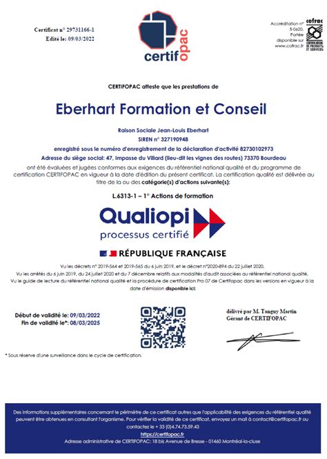 Processus certifié Qualiopi EBERHART FORMATION CONSEIL