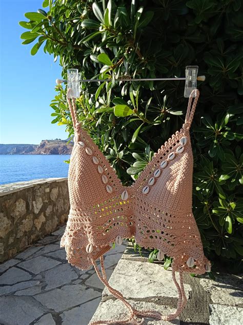 Crochet Top Nude Tan With Natural Seashells Can Be Made In Any Color Etsy