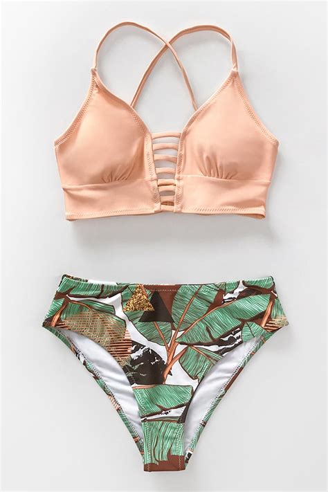 Solid Lace Up Bikini And Leafy Bottom