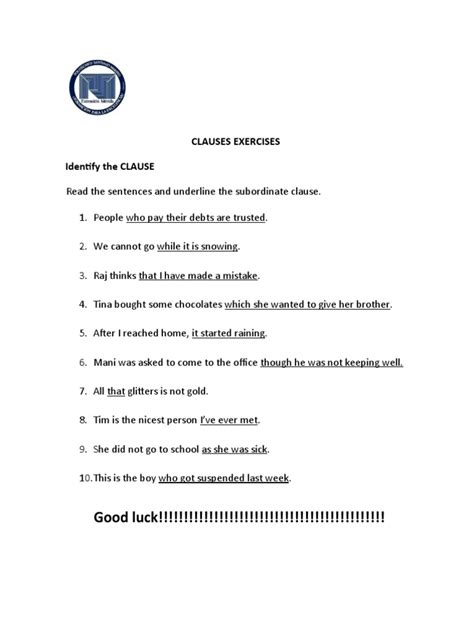 Clauses Exercises Pdf