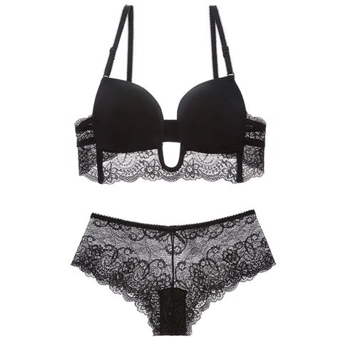 Sexy Deep U Plunge Low Cut Push Up Women Lingerie Set Transparent Lace Bra And Panty Set