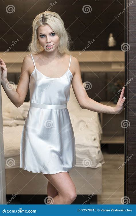 Portrait Of Awesome Blonde Bride In Silk Robe Stock Image Image Of Indoor Celebration 92578815