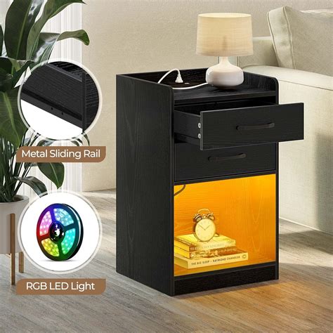 Seventable Nightstand With Charging Station And LED Lights Modern