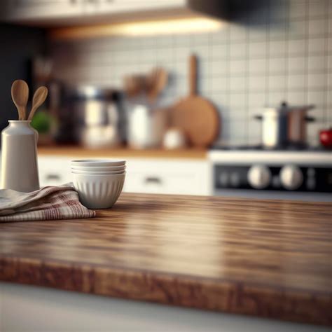 Elegante Mesa De Madera Sobre Fondo De Cocina Borroso Ideal Para