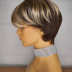 OCEAN DRIVE Pixie Cut Premium Heat Resistant Fibre Wig Fits Sm Lge Cap Brunette W Highlights