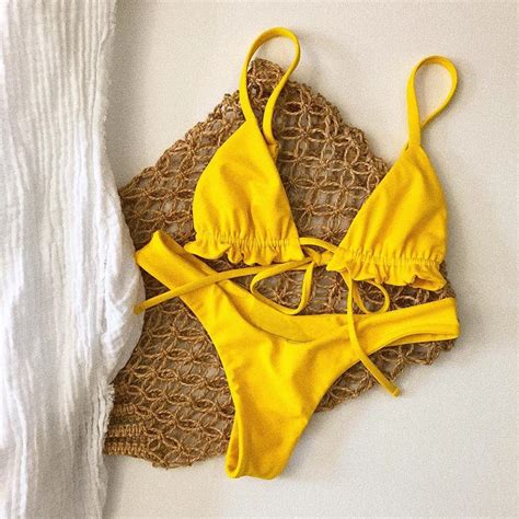 Maillot De Bain Bretelles Taille Basse Bikinis Mujer Jaune Mini String Bikini Br Silien