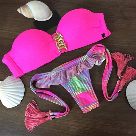 Sexy Hoop Tassels Stripes Halter Bikini Set