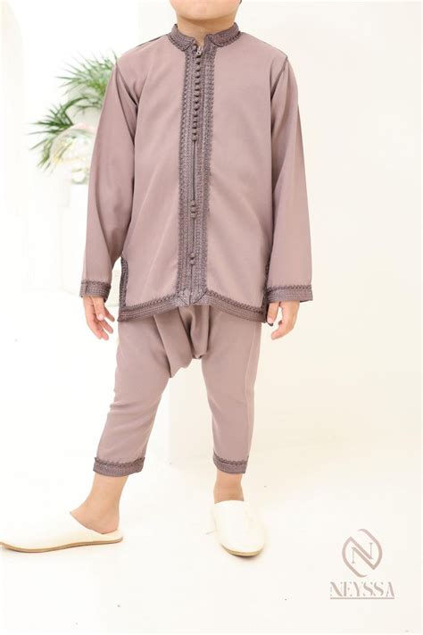 Ensemble Jabador marocain garçon pièces dark nude avec tunique brodée et sarouel Habits pour