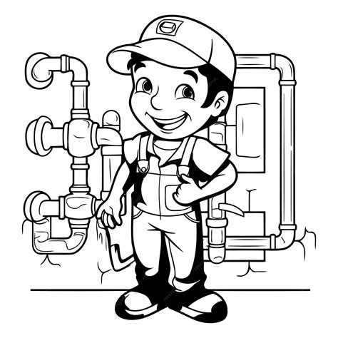 Premium Vector Plumber With Pipe Black And White Cartoon Illustration