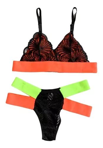Conjunto Sem Bojo Lingerie Calcinha Sutiã Renda Tiras Neon Parcelamento sem juros