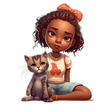 Rendu D D Une Mignonne Petite Fille Afro Am Ricaine Avec Un Chat Isol