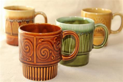 60s 70s Vintage Stacking Stackable Ceramic Coffee Cups Set Of