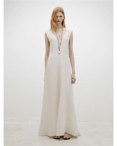 Massimo Dutti Long Textured Dress With V Neckline In White Lyst