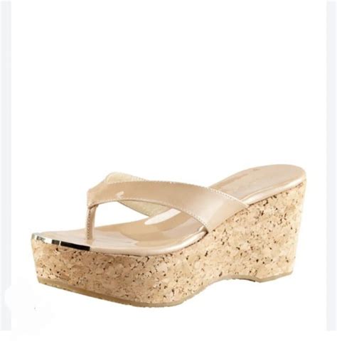 Jimmy Choo Nude Patent Leather Pathos Thong Cork Wedg Gem