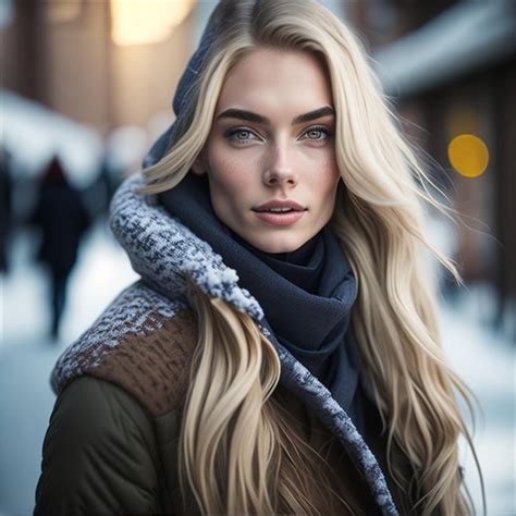 Premium AI Image Russian Woman With Long Blonde Hair And A Grey Scarf Stands In The Street