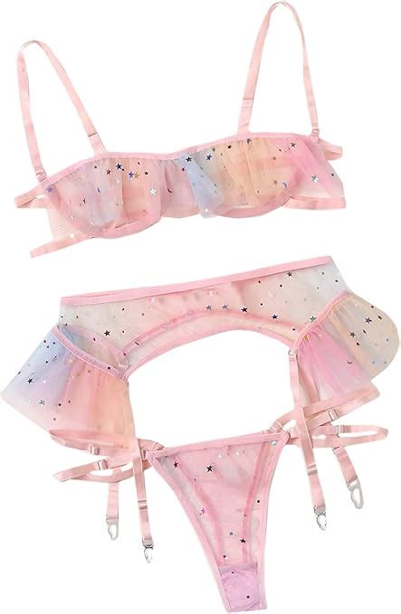 Amazon Lilosy Sexy Underwire Colorfull Kawaii Cute Sheer Galter Belt Lingerie Set Bra And