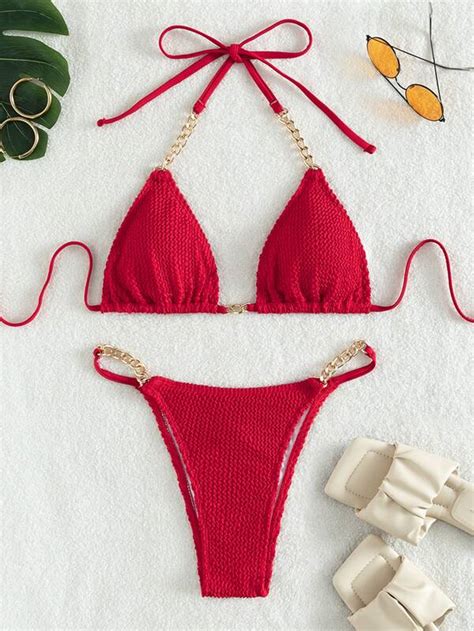 Shein Swim Sxy Textured Bikini Set Chain Linked Halter Micro Triangle Bra Thong Bottom Piece
