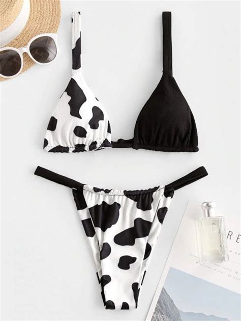 Emmiol Envío gratis Bikini de canalé con estampado de vaca Negro L