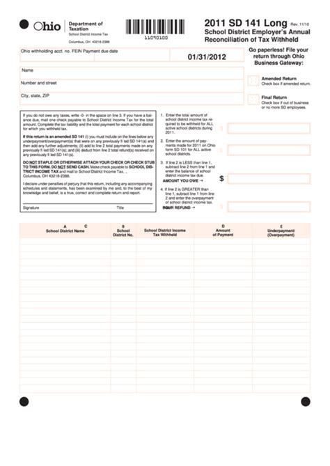 Fillable Form Sd Long Ohio School District Employer S Annual