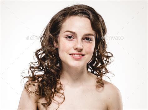 Beautiful Woman Curly Hair Portrait Freckles Face Closeup Nude Nature Studio Isolated On White